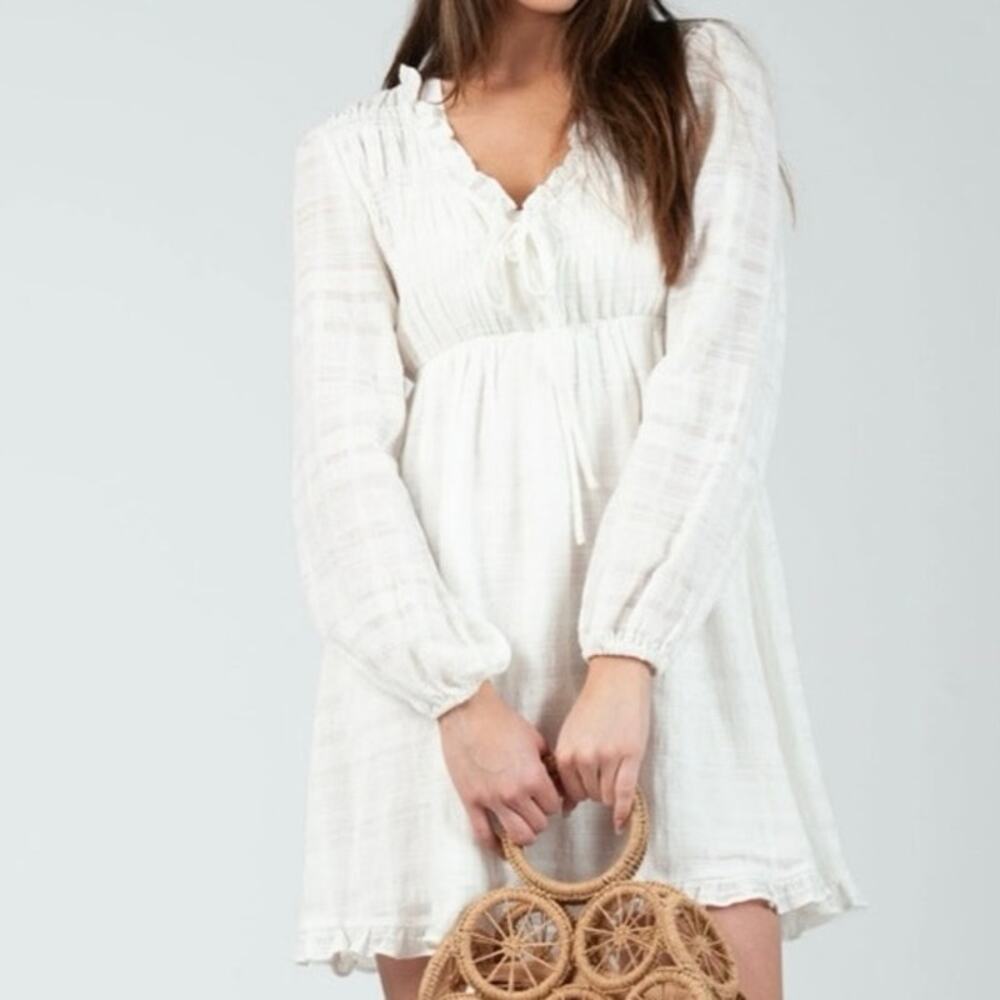 Lucca white gauzy mini dress XS long sleeve coquette boho beach resort vacay